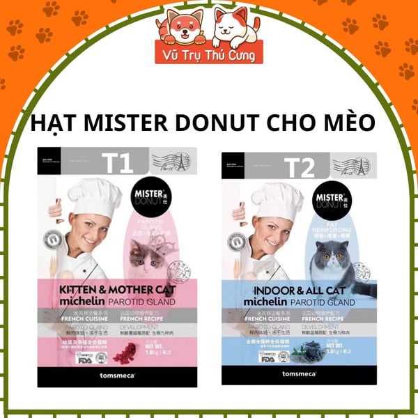 Thức Ăn Hạt Cho Mèo Mister Donut T1 & T2 Topping Thịt Sấy