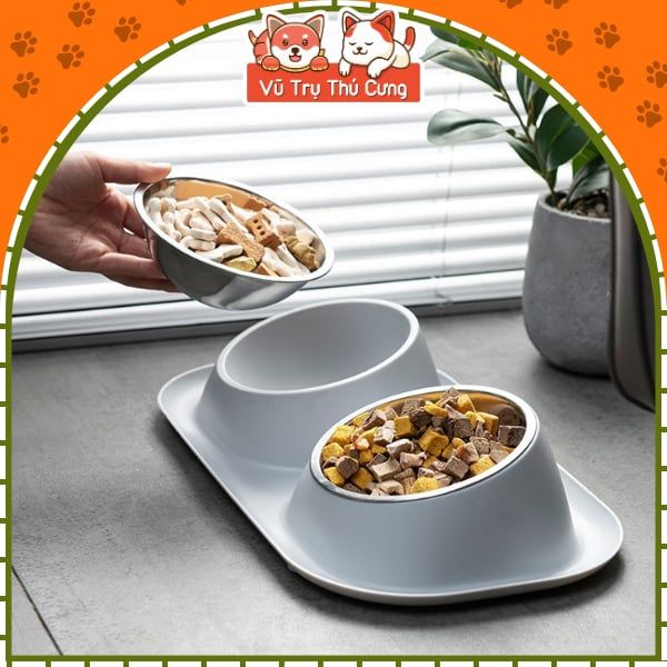 Bát Ăn Cho Chó Mèo Chống Kiến Kèm 2 Chén Inox