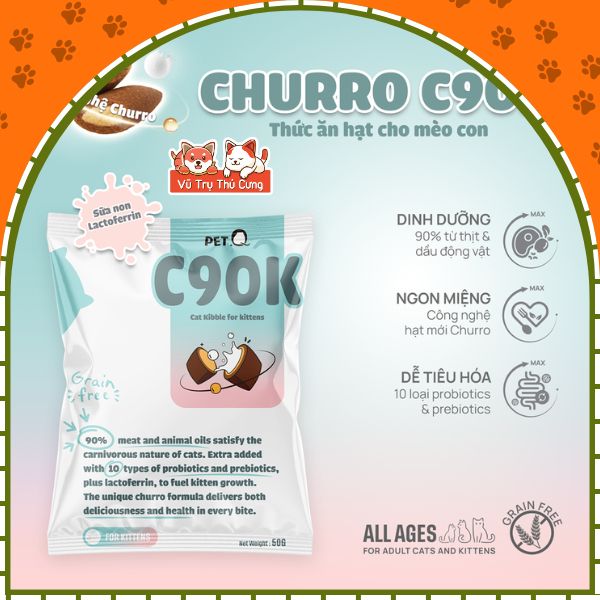 Hạt Cho Mèo Churro PetQ Nhân Thịt Gà Hỗ Trợ Mượt Lông Da 1kg