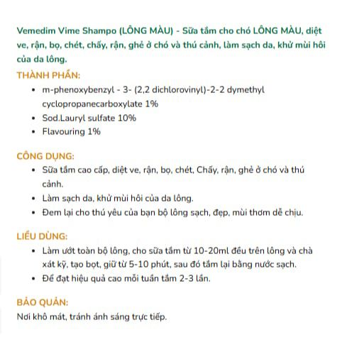 Sữa Tắm Làm Sạch Ve, Rận, Bọ Chét Cho Thú Cưng Vime Shampo Pro 300ml