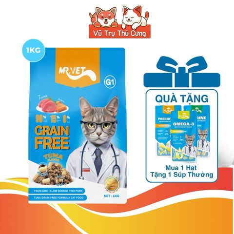 Hạt Cho Mèo MRVET G1 Không Chứa Ngũ Cốc Mix Topping Gói 1KG (Tặng Súp Thưởng)