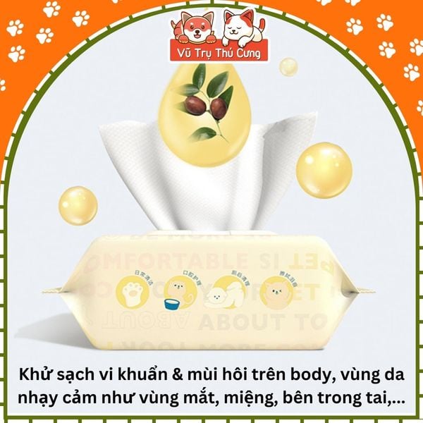 Khăn giấy ướt kháng khuẩn, tắm khô cho chó mèo - Vệ sinh tai mắt cho thú cưng (80 miếng)