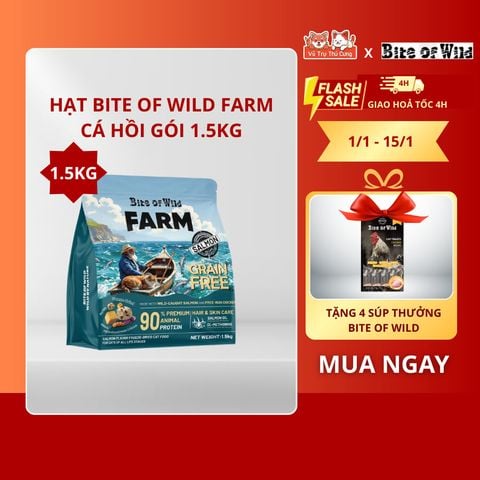 Hạt Cho Mèo Bite Of Wild Farm 1,5kg Vị Cá Hồi, Mượt Lông Da, Không Ngũ Côc, Topping Thịt Sấy