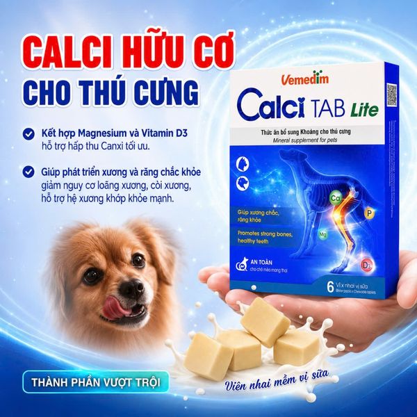 Viên Canxi Mềm Vị Sữa Cho Chó Mèo Calci Tab Lite Vemedim- Hộp 6 Viên