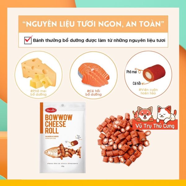 Snack huấn luyện cho Chó Phô mai cuộn Cá hồi Bowwow Cheese Roll Hàn Quốc 120g