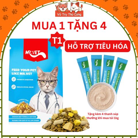 (1kg T1) Thức Ăn Hạt Cho Mèo Mr.Vet T1 Hỗ Trợ Tiêu Hóa Nhạy Cảm, Tiêu Búi lông