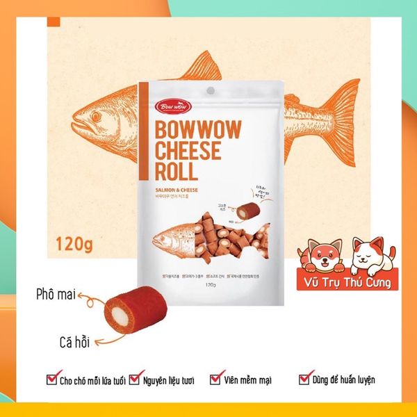 Snack huấn luyện cho Chó Phô mai cuộn Cá hồi Bowwow Cheese Roll Hàn Quốc 120g