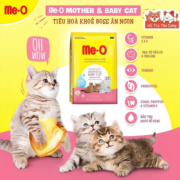 Hạt Cho Mèo Me-O Mother & BabyCat Mèo Mang Thai, Cho Con Bú, Mèo Con Dưới 2 Tháng Tuổi