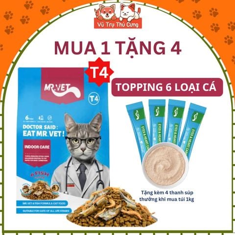 (1kg T4) Hạt Cho Mèo Mr.Vet T4 Topping 6 Loại Cá Giảm Mùi Hôi Chất Thải, Dành Cho Mèo Nuôi Trong Nhà