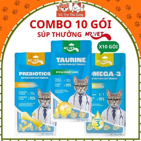 Combo 10 Gói-Súp Thưởng Cho Mèo Mượt Lông, Tốt Cho Tiêu Hóa Mr.Vet 4 Thanh