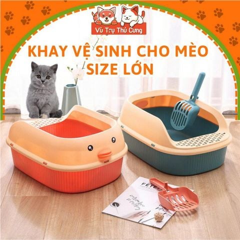 Khay cát vệ sinh cho mèo chống văng cát size lớn, tặng xẻng hốt phân (Họa tiết con Vịt)