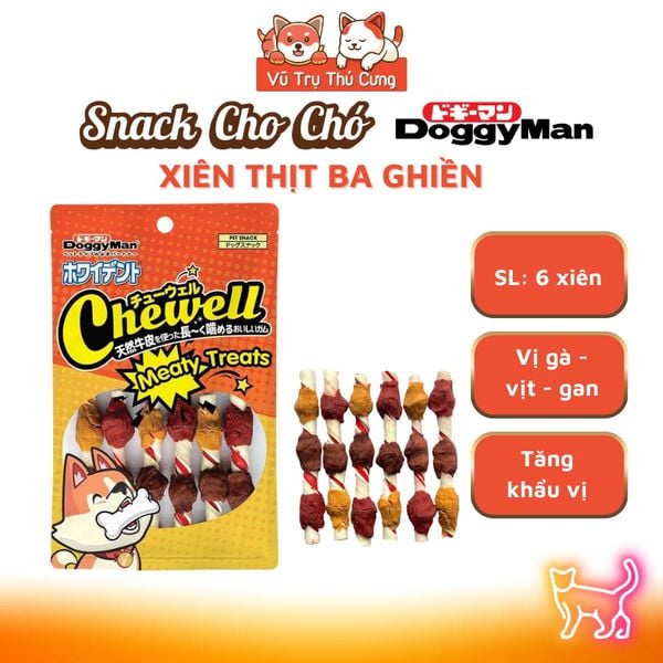 Snack Cho Chó Que Da Bò Cuốn Thịt Xiên 3 Vị DoggyMan (6 Xiên)