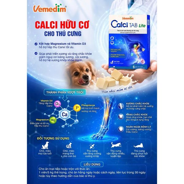 Viên Canxi Mềm Vị Sữa Cho Chó Mèo Calci Tab Lite Vemedim- Hộp 6 Viên