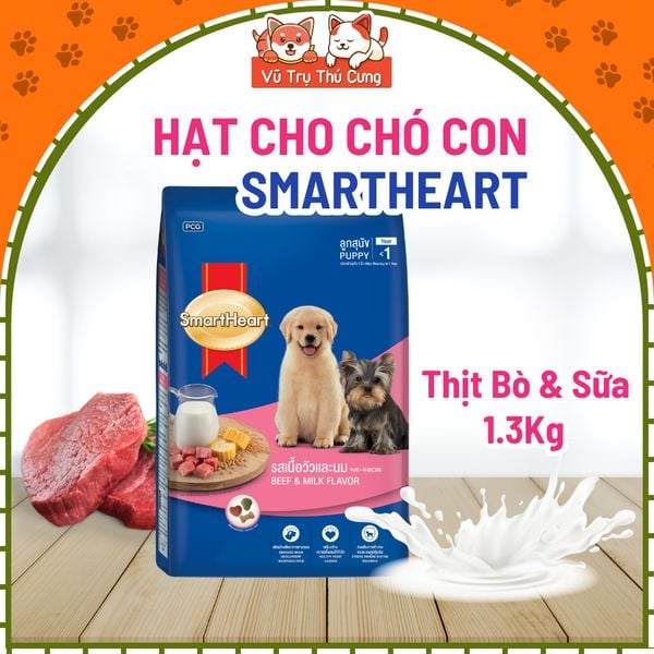 (1.3Kg) Thức ăn hạt SmartHeart Puppy dành cho Chó con vị Thịt bò và sữa