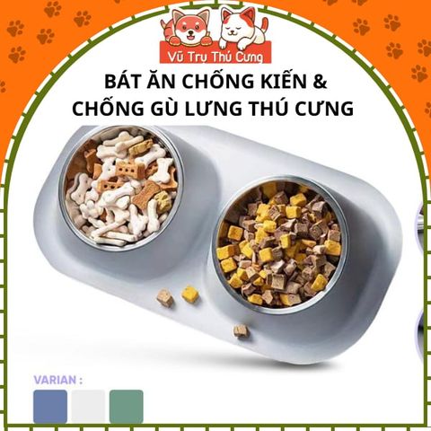 Bát Ăn Cho Chó Mèo Chống Kiến Kèm 2 Chén Inox