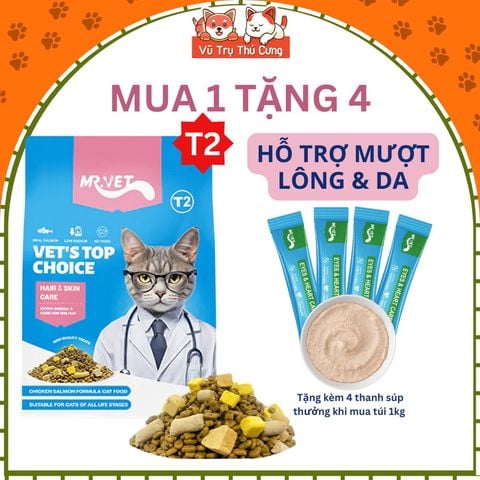 (1kg T2) Thức Ăn Hạt Cho Mèo T2 Mr.Vet Hỗ Trợ Mượt Lông Da & Sáng Mắt