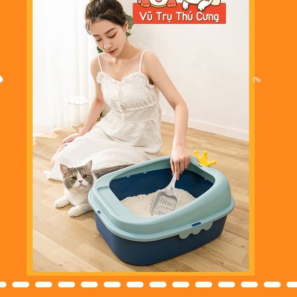 Khay cát vệ sinh cho mèo chống văng cát size lớn, tặng xẻng hốt phân (Họa tiết con Vịt)