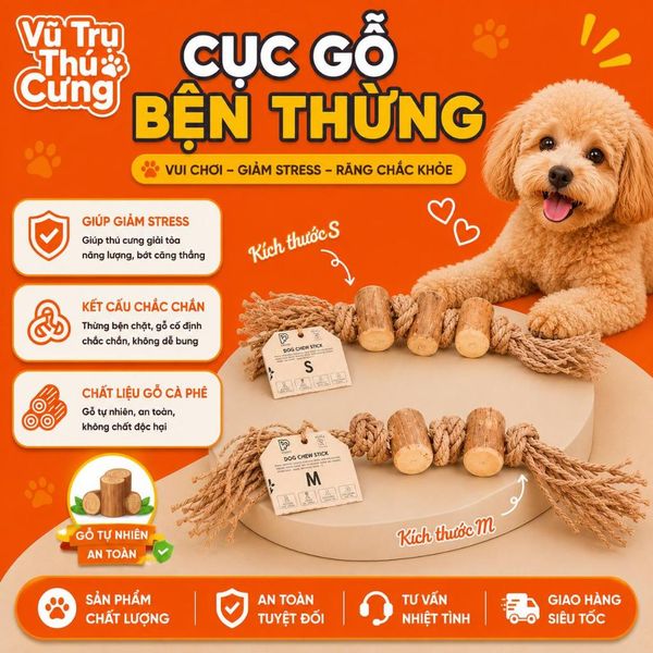 Đồ Chơi Cho Chó Dây Thừng 3 Cục Gỗ Pecow Gỗ Cà Phê Tự Nhiên
