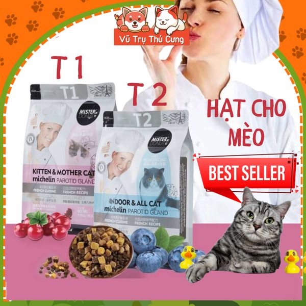 Thức Ăn Hạt Cho Mèo Mister Donut T1 & T2 Topping Thịt Sấy