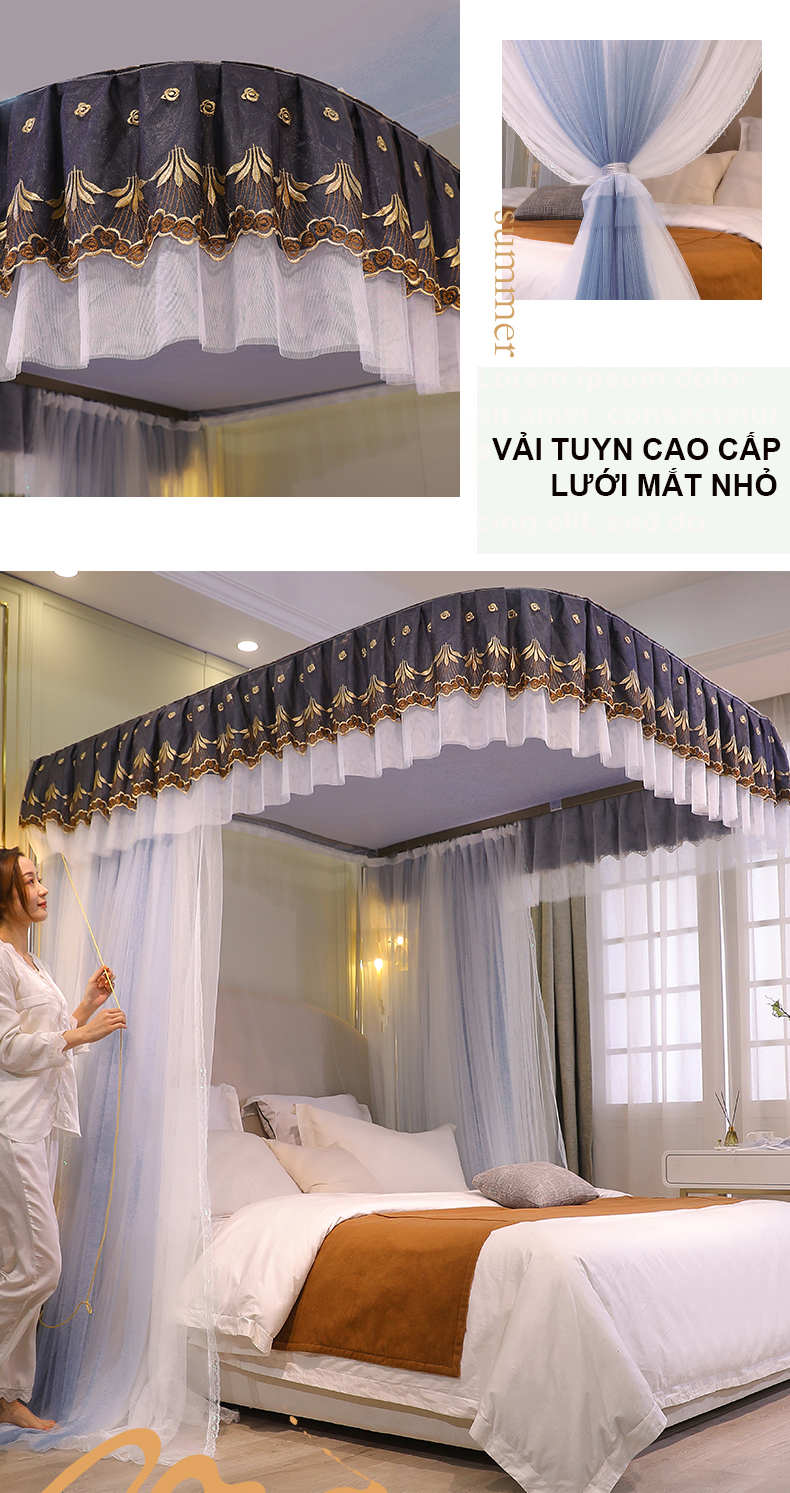 Màn/ mùng khung 2 cột không khoan tường 2 lớp, chống bụi, chống muỗi ,Màn công chúa 2 lớp