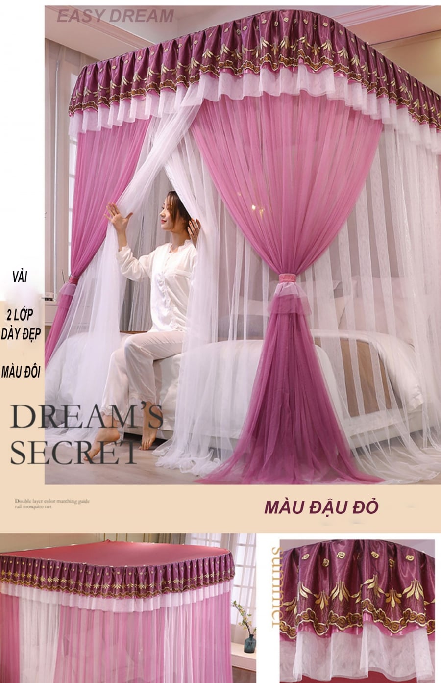 Màn/ mùng khung 2 cột không khoan tường 2 lớp, chống bụi, chống muỗi ,Màn công chúa 2 lớp