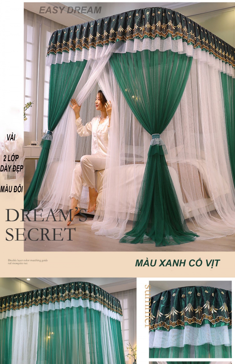 Màn/ mùng khung 2 cột không khoan tường 2 lớp, chống bụi, chống muỗi ,Màn công chúa 2 lớp