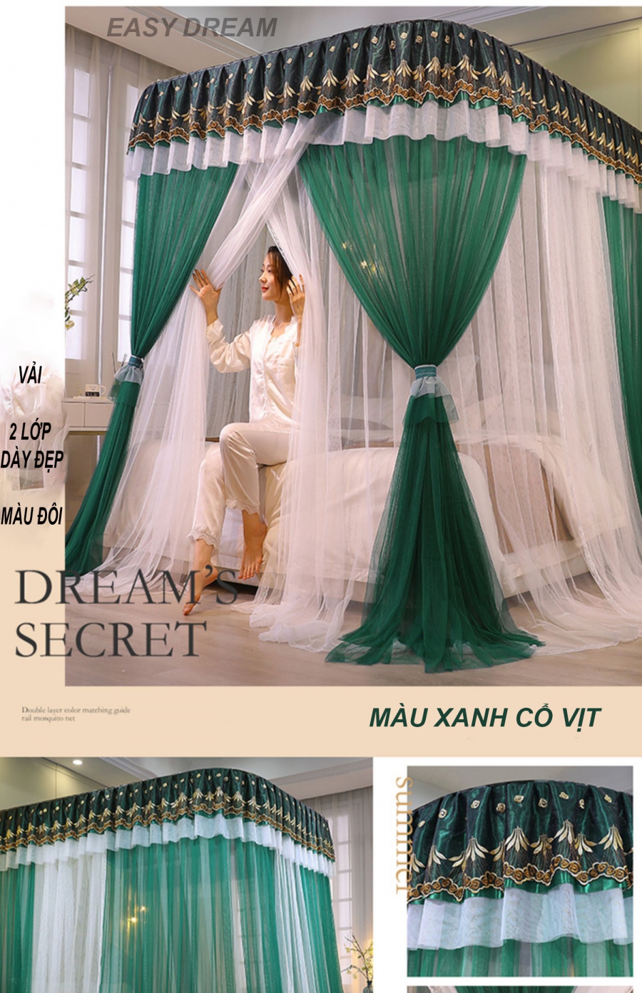 Màn/ mùng khung 2 cột không khoan tường 2 lớp, chống bụi, chống muỗi ,Màn công chúa 2 lớp