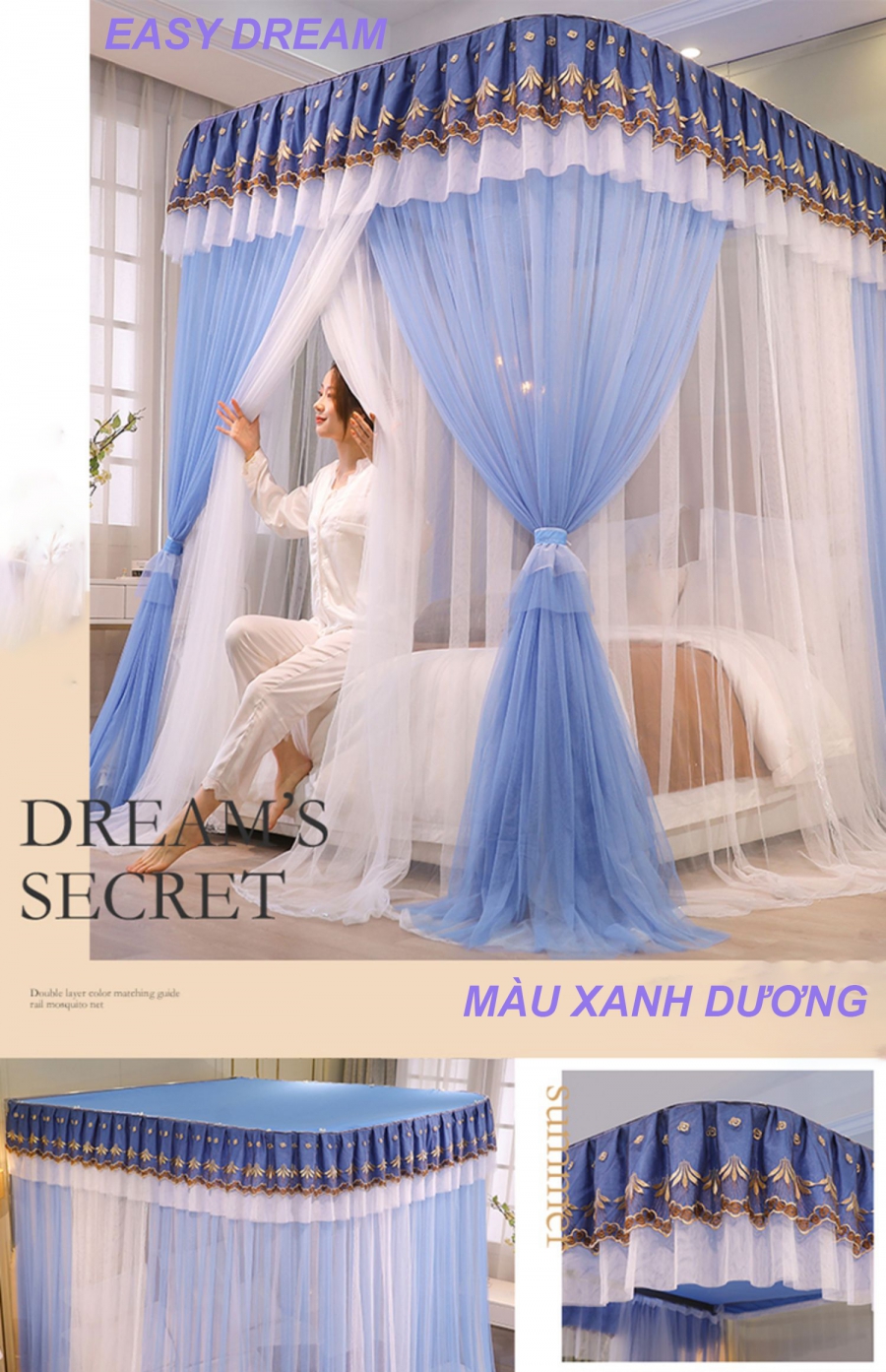 Màn/ mùng khung 2 cột không khoan tường 2 lớp, chống bụi, chống muỗi ,Màn công chúa 2 lớp