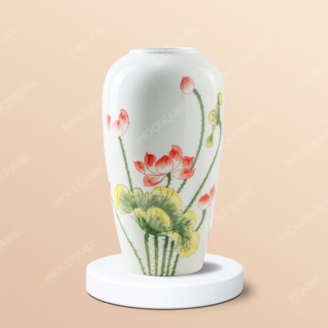 Lọ hoa vẽ liên hoa khai phúc gốm sứ Bát Tràng in logo quà tặng