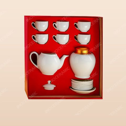 Giftset trà sứ quà tặng dáng bầu kèm hũ trà Kim Quý