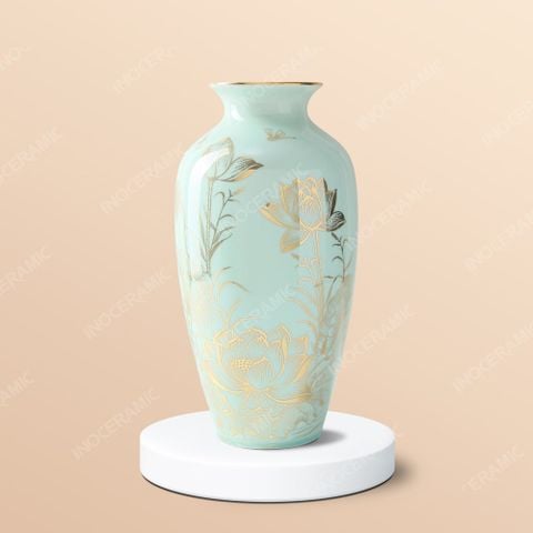 Lọ hoa men ngọc Liên Hoàng Điệp kẻ vàng gốm sứ Bát Tràng in logo