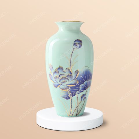 Lọ hoa men ngọc liên hoa kẻ vàng gốm sứ Bát Tràng cao cấp