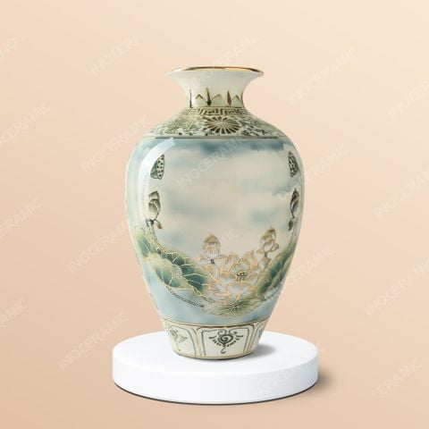 Lọ hoa Thanh Liên Trì kẻ vàng gốm sứ Bát Tràng in logo