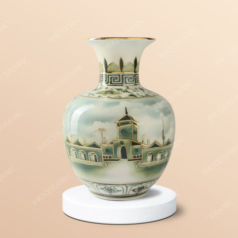 Lọ hoa sài thành cổ tích kẻ vàng - Quà tặng Bát Tràng sang trọng