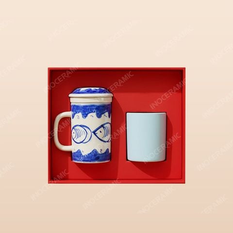 Bộ quà tặng ca sứ lọc trà họa cá Lam Ngư