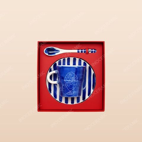 Set quà tặng cốc sứ đĩa thìa Ngư Lam thanh lịch