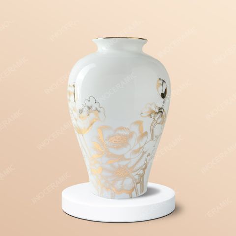 Lọ hoa sen đại kẻ vàng - Quà tặng Bát Tràng ý nghĩa