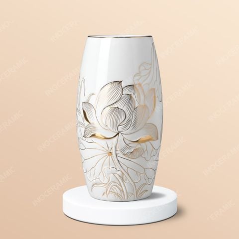 Lọ hoa bom khắc sen đại kẻ vàng - Gốm sứ Bát Tràng cao cấp