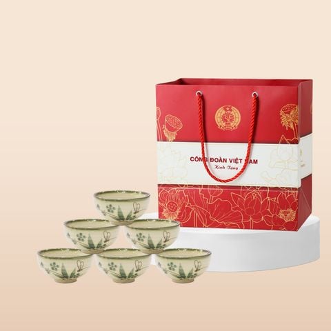 Quà tặng Công đoàn - Bộ 06 chén cơm men xanh đào chuồn in logo