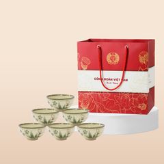 Quà tặng Công đoàn - Bộ 06 chén cơm men xanh đào chuồn in logo