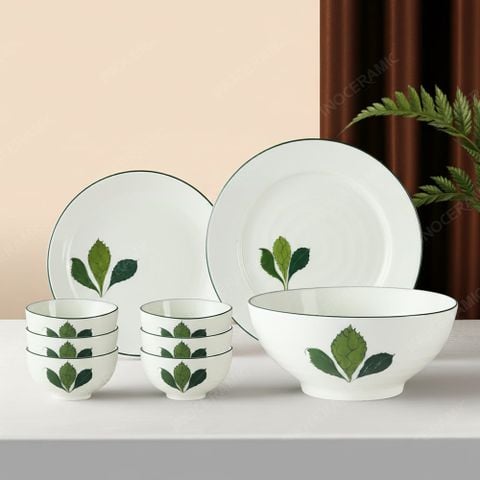 Bộ bát đĩa quà tặng 9 sản phẩm - Cỏ ba lá - Bát đĩa Bát Tràng in logo quà tặng