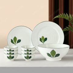 Bộ bát đĩa quà tặng 9 sản phẩm - Cỏ ba lá - Bát đĩa Bát Tràng in logo quà tặng