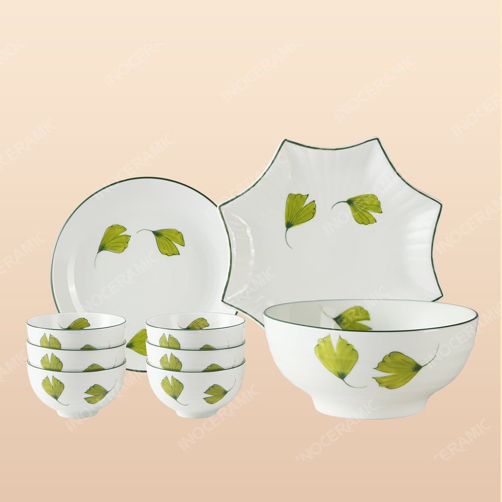 Bộ bát đĩa 9 món men sứ quạt lá - Quà tặng Bát Tràng cao cấp