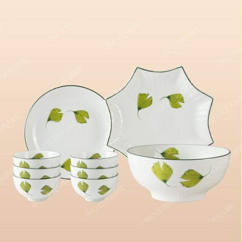 Bộ bát đĩa 9 món men sứ quạt lá - Quà tặng Bát Tràng cao cấp