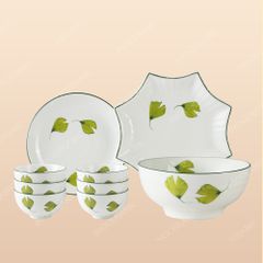 Bộ bát đĩa 9 món men sứ quạt lá - Quà tặng Bát Tràng cao cấp