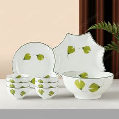 Bộ bát đĩa 9 món men sứ quạt lá - Quà tặng Bát Tràng cao cấp