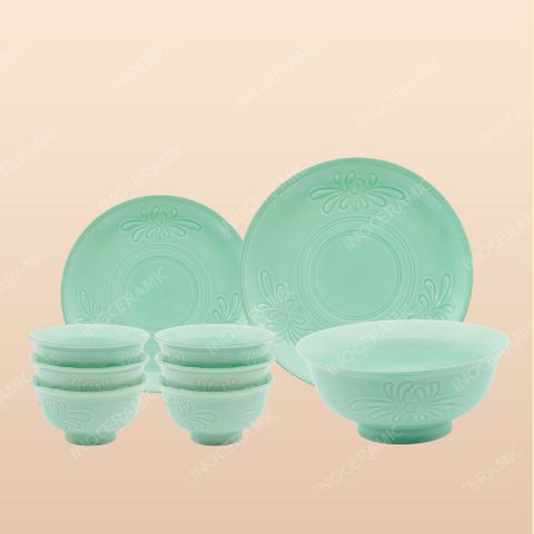 Set chén bát 9 món men ngọc kẻ vàng - Quà tặng Bát Tràng ý nghĩa