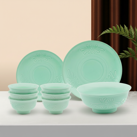 Set chén bát 9 món men ngọc kẻ vàng - Quà tặng Bát Tràng ý nghĩa