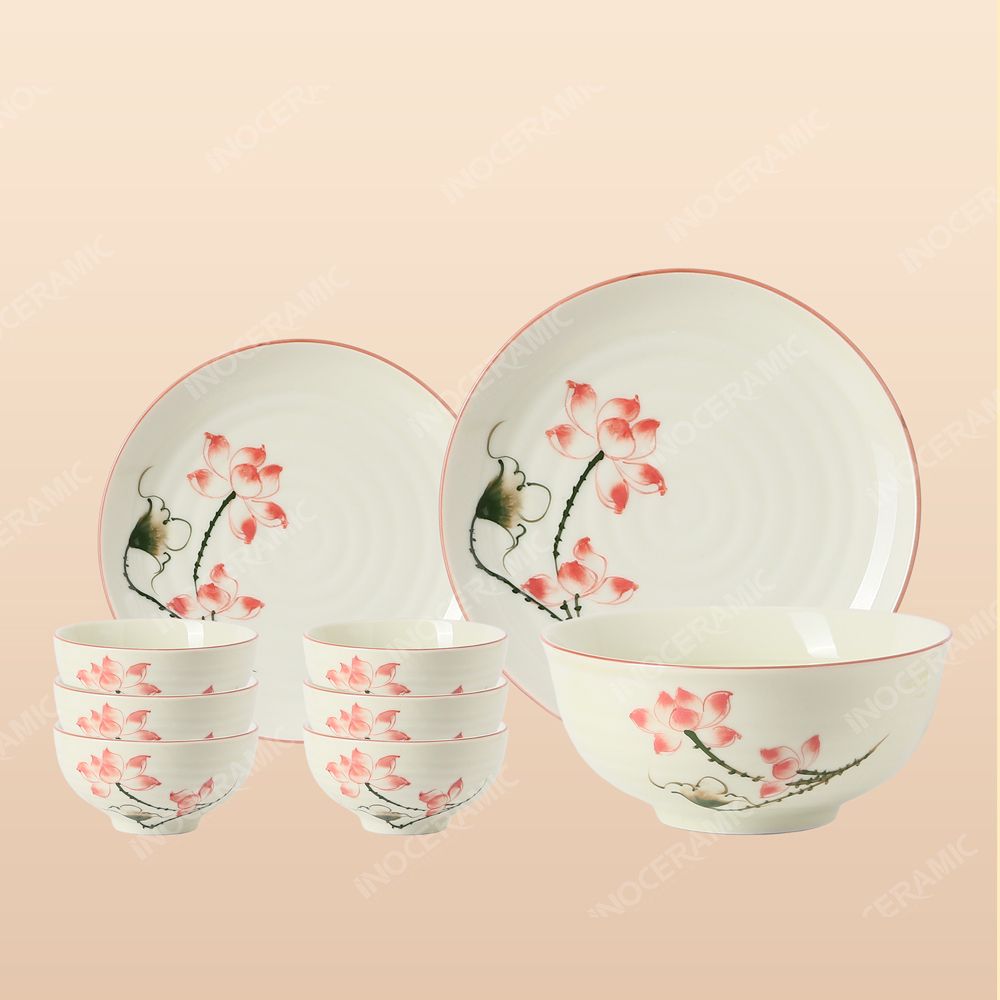 Bộ bát đĩa 9 món men sứ sen hồng - Quà tặng in ấn logo