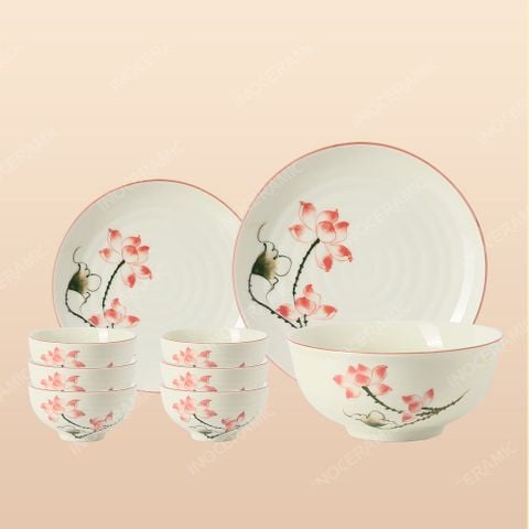 Bộ bát đĩa 9 món men sứ sen hồng - Quà tặng in ấn logo